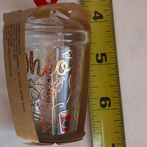 Starbucks Clear Glass Holiday Ornament with Red Ribbon and Gold Accents